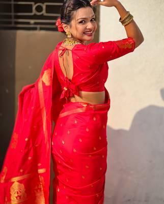 Red silk blend saree with golden zari motifs & rire woven pallu | traditional festive wear saree 4