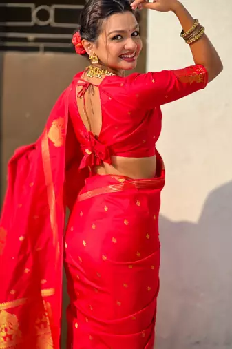 Red silk blend saree with golden zari motifs & rire woven pallu | traditional festive wear saree