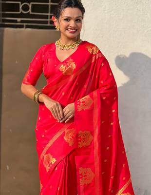Red silk blend saree with golden zari motifs & rire woven pallu | traditional festive wear saree 5