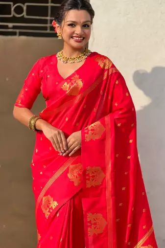 Red silk blend saree with golden zari motifs & rire woven pallu | traditional festive wear saree
