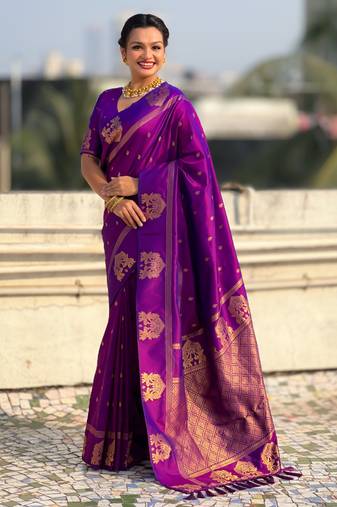 Purple silk blend saree with golden zari motifs & ripu woven pallu | traditional festive wear saree