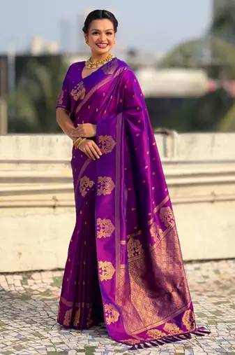 Purple silk blend saree with golden zari motifs & ripu woven pallu | traditional festive wear saree