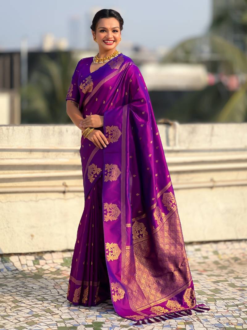 Purple silk blend saree with golden zari motifs & ripu woven pallu | traditional festive wear saree
