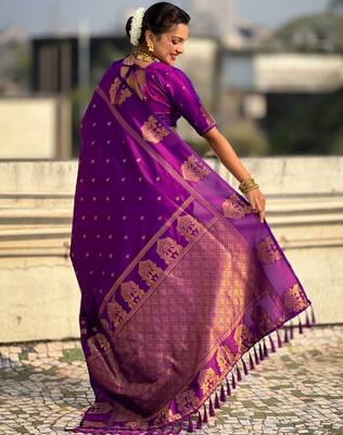 Purple silk blend saree with golden zari motifs & ripu woven pallu | traditional festive wear saree 2