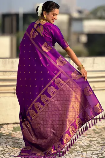 Purple silk blend saree with golden zari motifs & ripu woven pallu | traditional festive wear saree