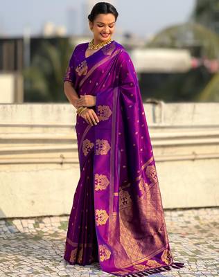 Purple silk blend saree with golden zari motifs & ripu woven pallu | traditional festive wear saree 3