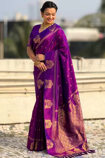 Purple silk blend saree with golden zari motifs & ripu woven pallu | traditional festive wear saree