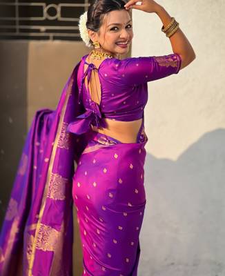 Purple silk blend saree with golden zari motifs & ripu woven pallu | traditional festive wear saree 4