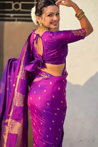 Purple silk blend saree with golden zari motifs & ripu woven pallu | traditional festive wear saree