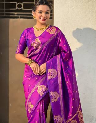 Purple silk blend saree with golden zari motifs & ripu woven pallu | traditional festive wear saree 5