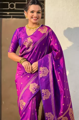 Purple silk blend saree with golden zari motifs & ripu woven pallu | traditional festive wear saree
