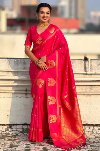 Rani pink silk blend saree with golden zari motifs & rira woven pallu | traditional festive wear saree