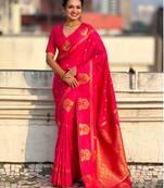Rani pink silk blend saree with golden zari motifs & rira woven pallu | traditional festive wear saree