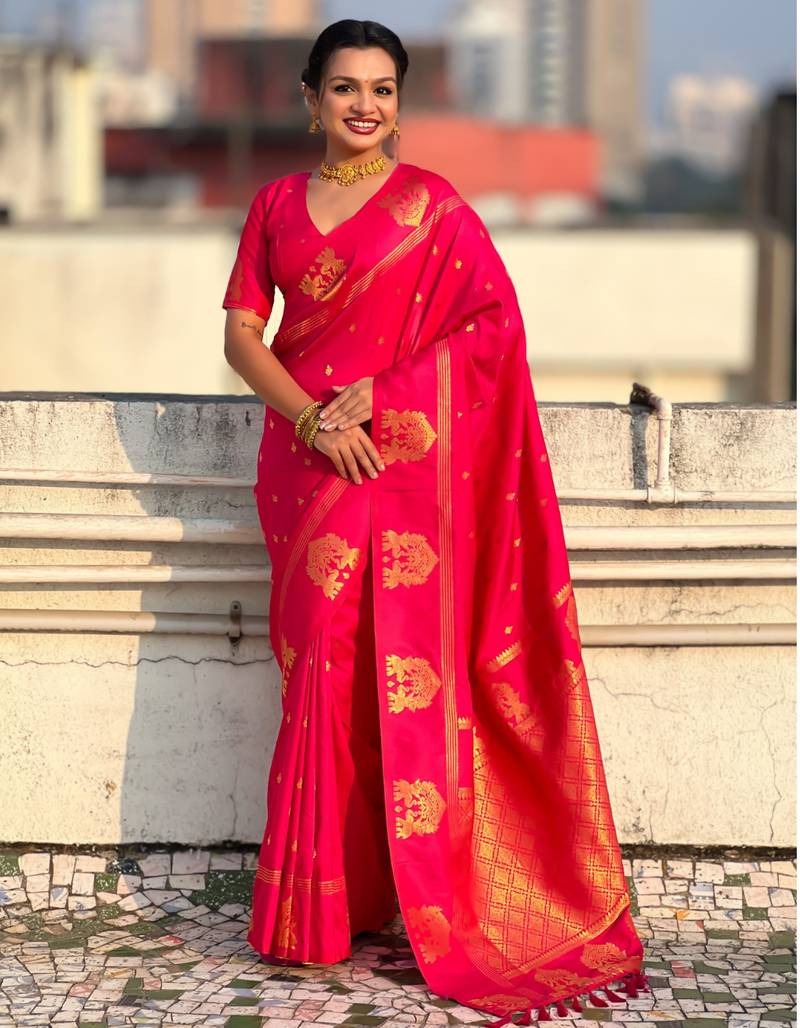 Rani pink silk blend saree with golden zari motifs & rira woven pallu | traditional festive wear saree