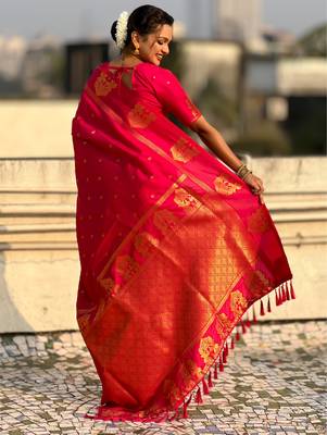 Rani pink silk blend saree with golden zari motifs & rira woven pallu | traditional festive wear saree 2