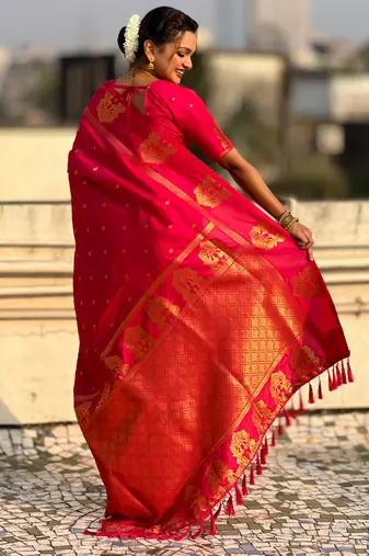 Rani pink silk blend saree with golden zari motifs & rira woven pallu | traditional festive wear saree