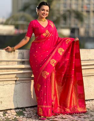 Rani pink silk blend saree with golden zari motifs & rira woven pallu | traditional festive wear saree 3