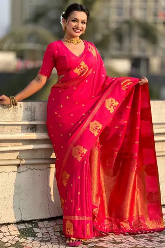 Rani pink silk blend saree with golden zari motifs & rira woven pallu | traditional festive wear saree