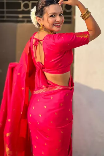 Rani pink silk blend saree with golden zari motifs & rira woven pallu | traditional festive wear saree