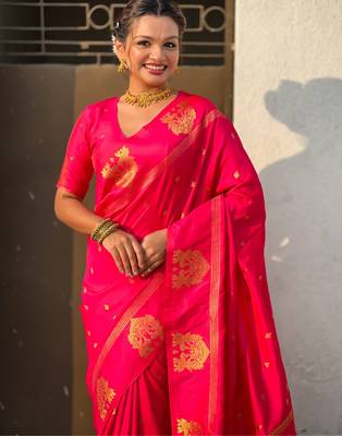 Rani pink silk blend saree with golden zari motifs & rira woven pallu | traditional festive wear saree 5
