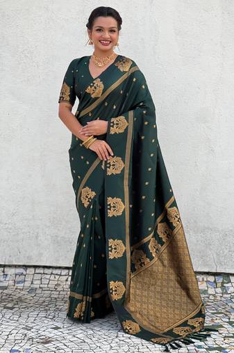 Dark green silk blend saree with golden zari motifs & rida woven pallu | tdaditional festive wear saree