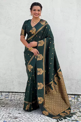 Dark green silk blend saree with golden zari motifs & rida woven pallu | tdaditional festive wear saree