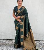 Dark green silk blend saree with golden zari motifs & rida woven pallu | tdaditional festive wear saree
