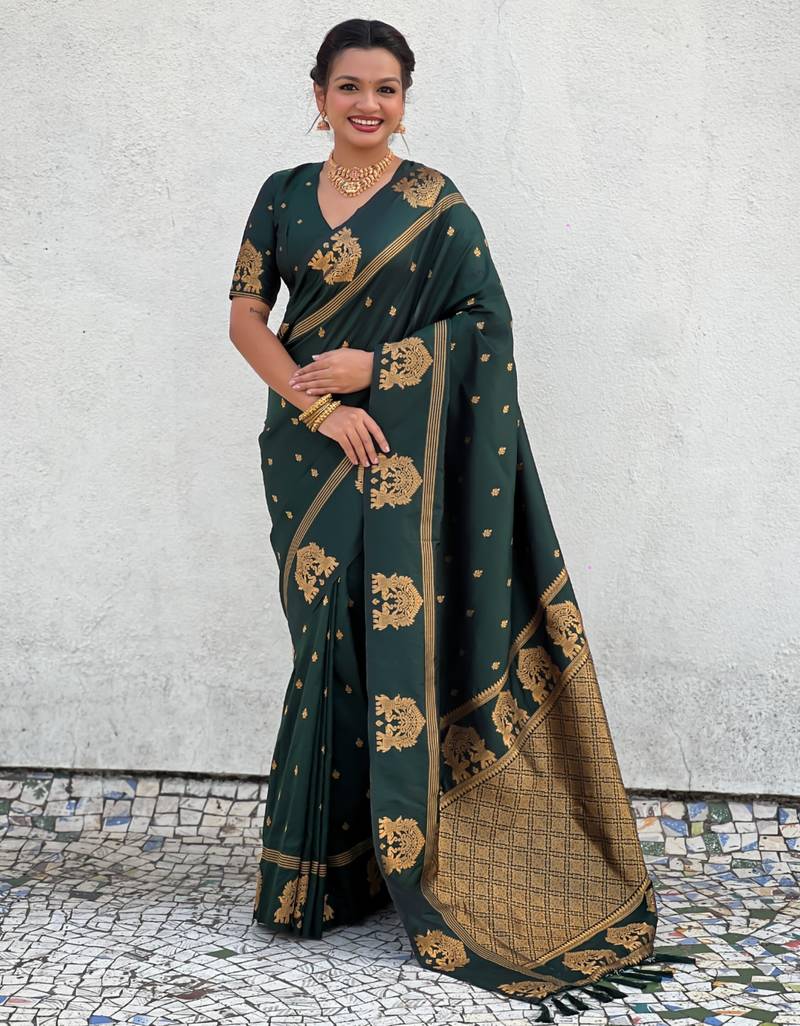 Dark green silk blend saree with golden zari motifs & rida woven pallu | tdaditional festive wear saree