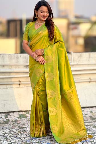 Light lime silk blend saree with golden zari motifs & rili woven pallu | tliditional festive wear saree
