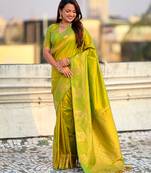 Light lime silk blend saree with golden zari motifs & rili woven pallu | tliditional festive wear saree