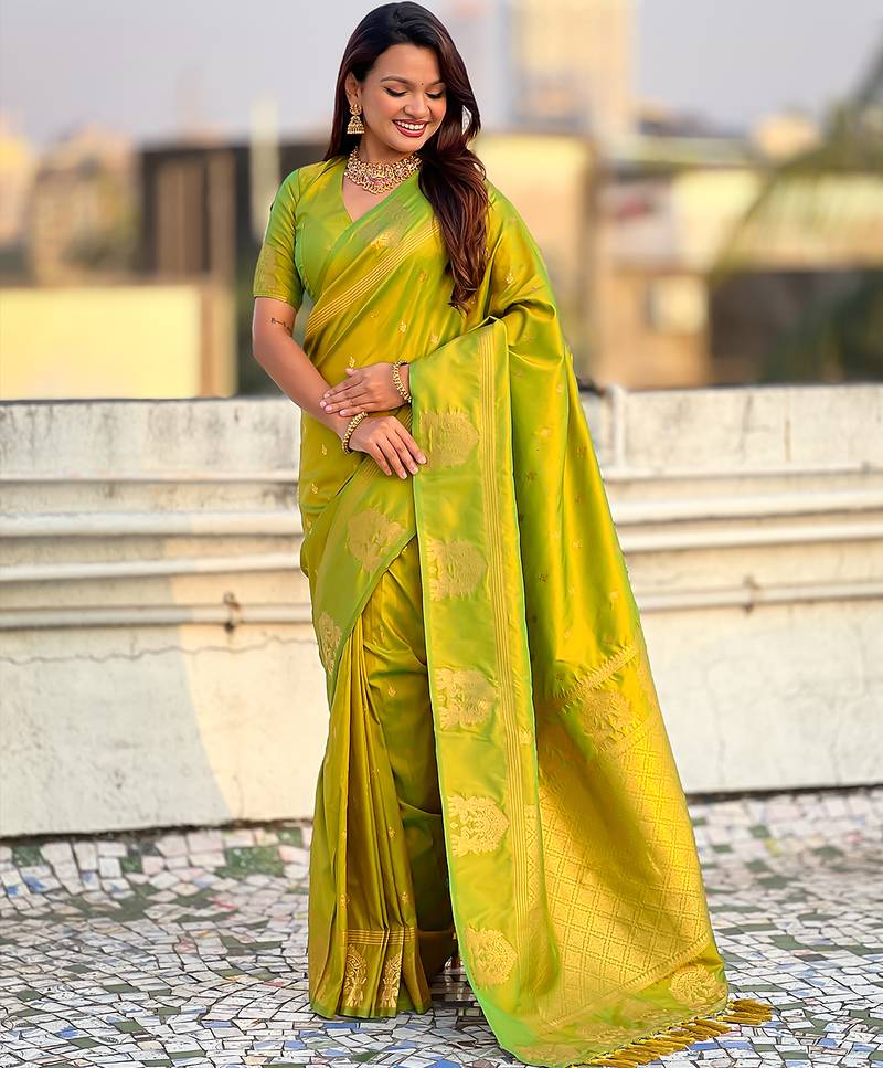 Light lime silk blend saree with golden zari motifs & rili woven pallu | tliditional festive wear saree