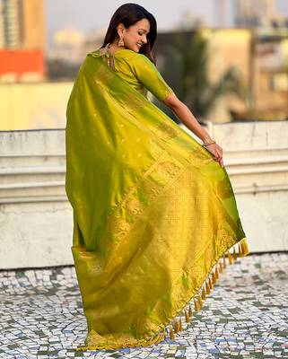 Light lime silk blend saree with golden zari motifs & rili woven pallu | tliditional festive wear saree 2