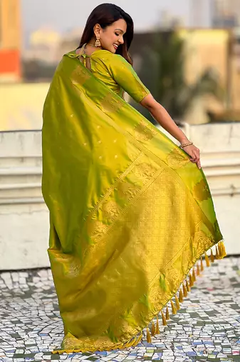 Light lime silk blend saree with golden zari motifs & rili woven pallu | tliditional festive wear saree
