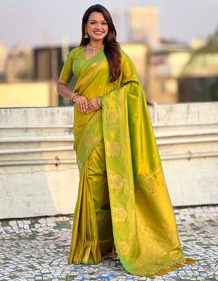 Light lime silk blend saree with golden zari motifs & rili woven pallu | tliditional festive wear saree 3