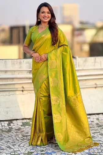Light lime silk blend saree with golden zari motifs & rili woven pallu | tliditional festive wear saree