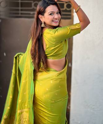 Light lime silk blend saree with golden zari motifs & rili woven pallu | tliditional festive wear saree 4