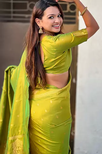 Light lime silk blend saree with golden zari motifs & rili woven pallu | tliditional festive wear saree