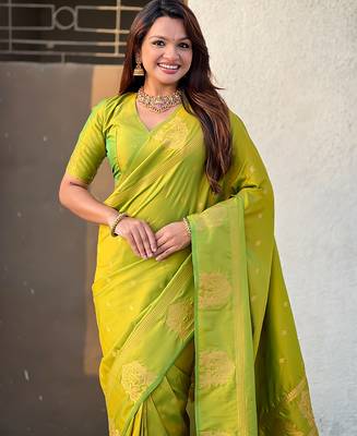 Light lime silk blend saree with golden zari motifs & rili woven pallu | tliditional festive wear saree 5