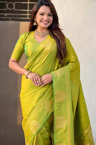 Light lime silk blend saree with golden zari motifs & rili woven pallu | tliditional festive wear saree