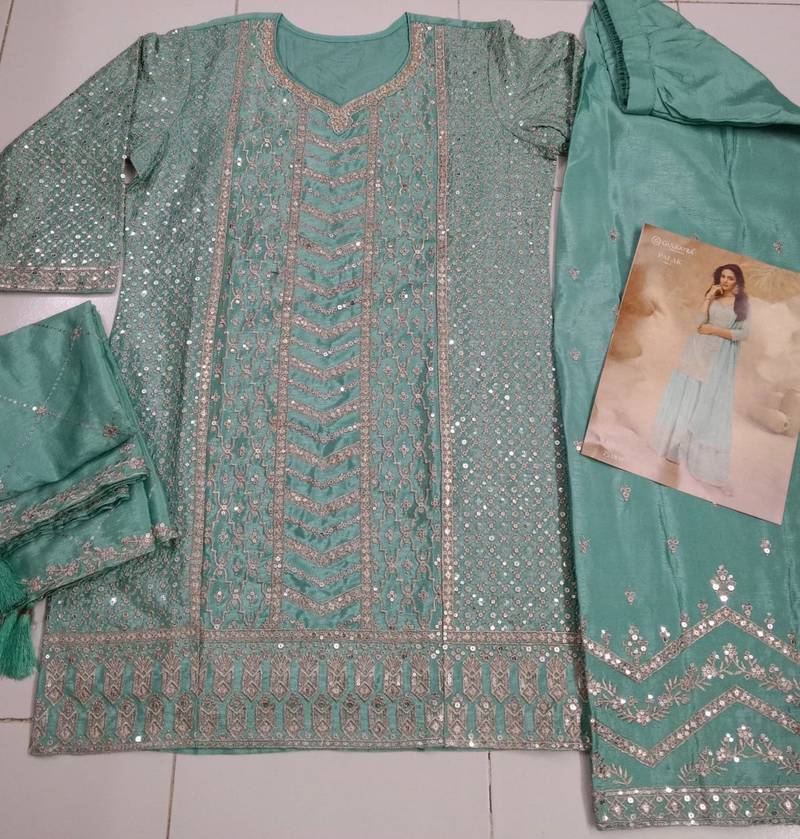 Sky blue chinon sequin embroidered readymade salwar suit (free size)