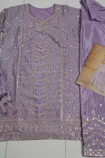 Light lavender chinon sequin embroidered readymade salwar suit (free size)