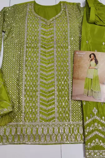 Green chinon sequin embroidered readymade salwar suit (free size)
