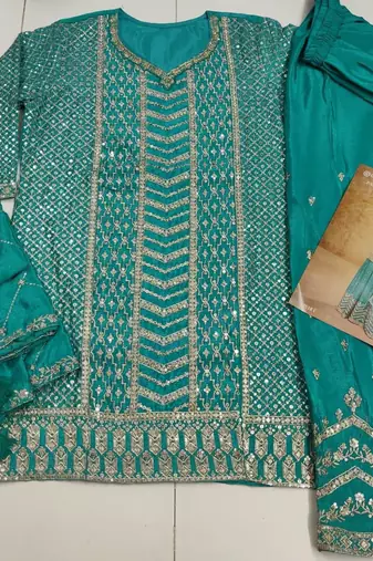 Sky blue chinon sequin embroidered readymade salwar suit (free size)