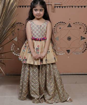 Beige printed dola silk sharara set 1