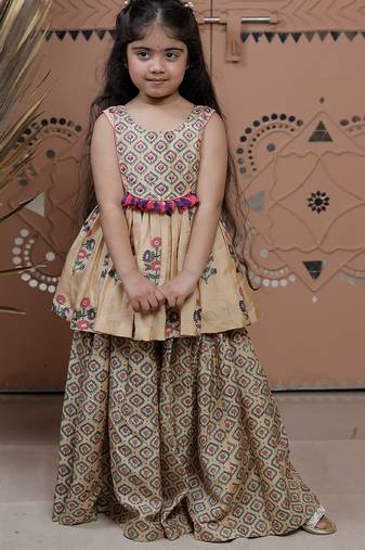 Beige printed dola silk sharara set