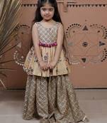 Beige printed dola silk sharara set