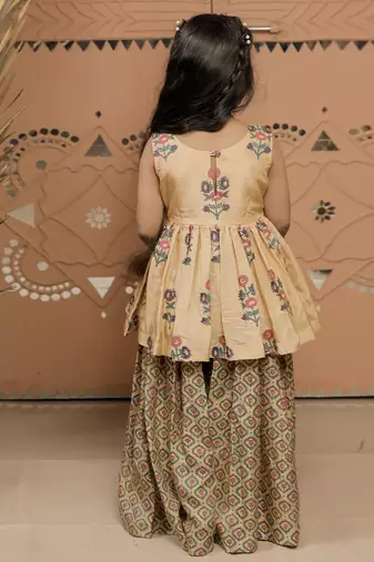 Beige printed dola silk sharara set