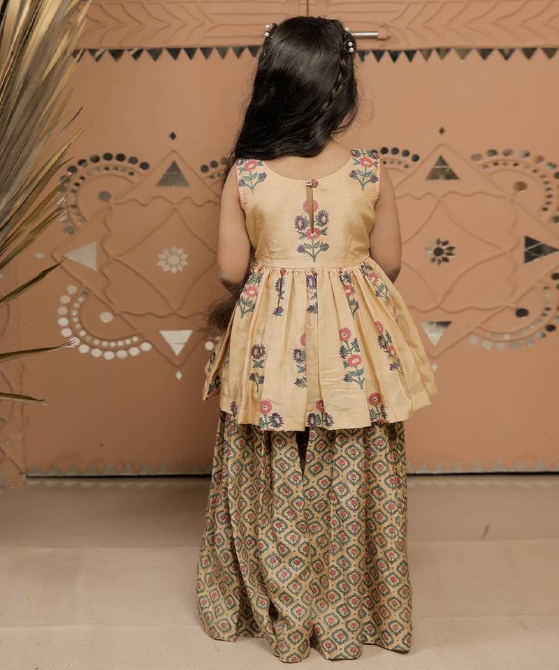 Beige printed dola silk sharara set