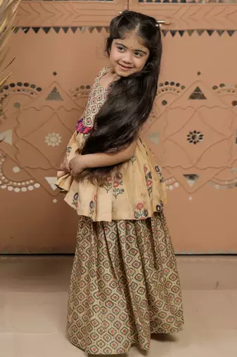 Beige printed dola silk sharara set