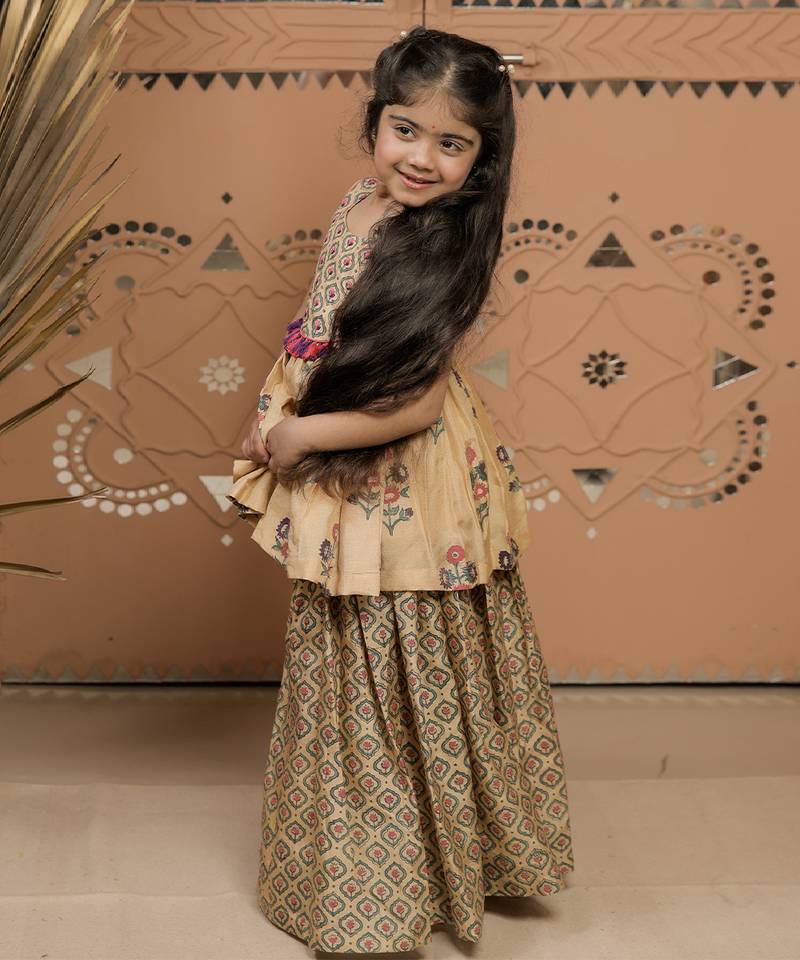 Beige printed dola silk sharara set